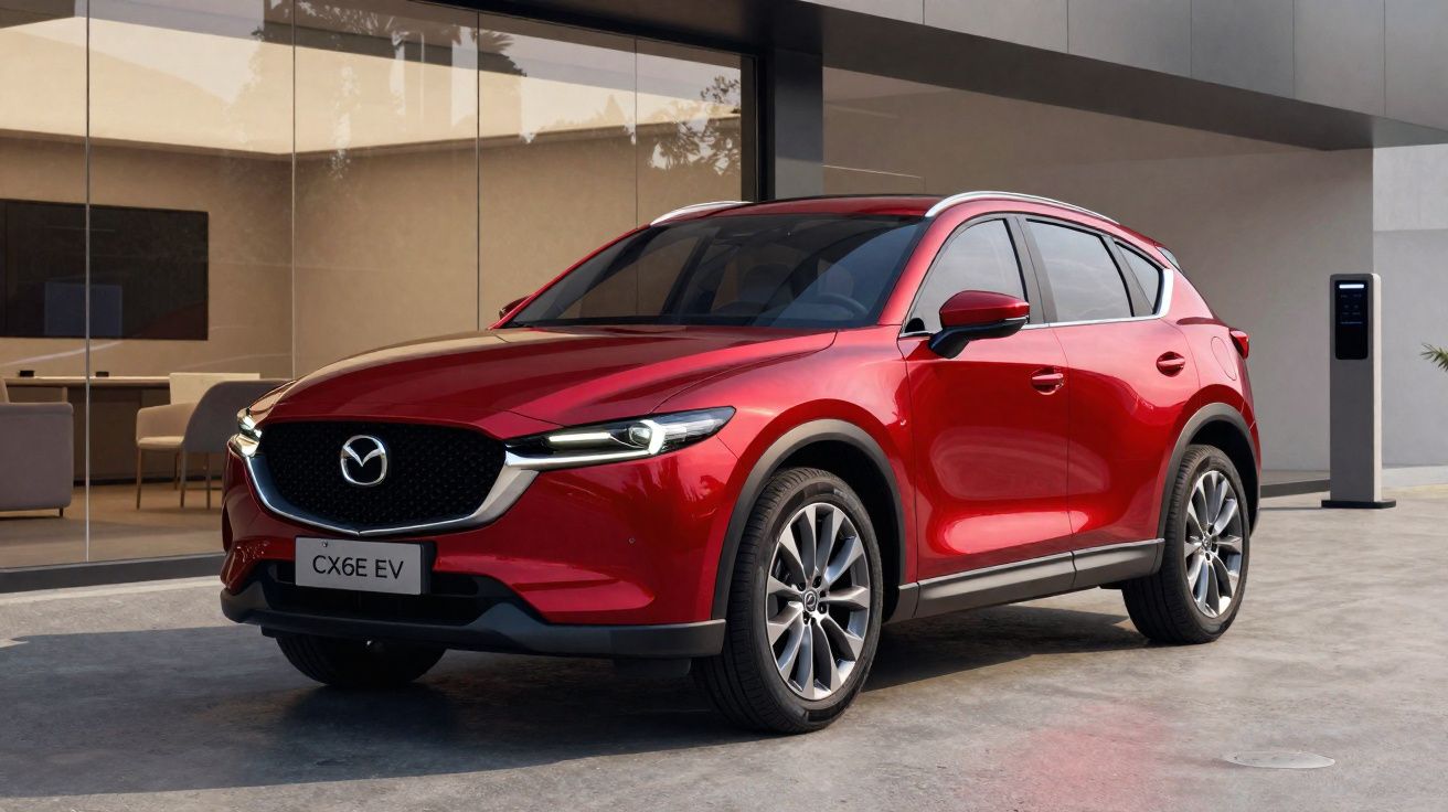 Carro SUV elétrico vermelho Mazda CX-6E EV estacionado próximo a parede de vidro.