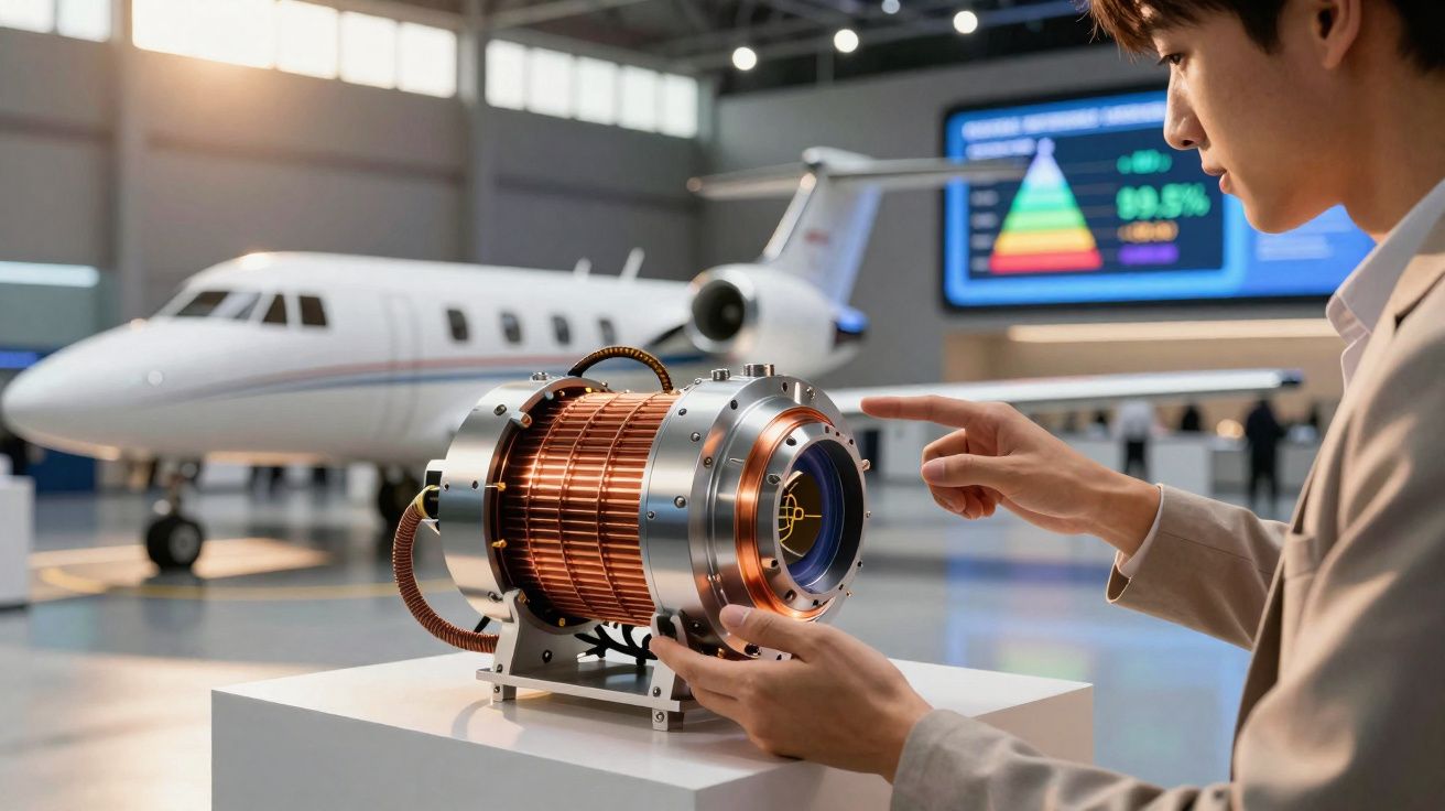 Homem analisando motor elétrico em miniatura dentro de hangar com avião ao fundo.