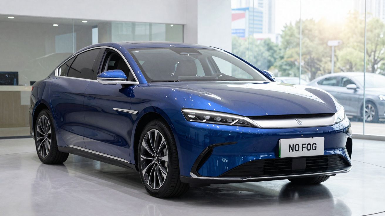 Carro elétrico azul moderno com design aerodinâmico exibido em showroom com placa "NO FOG".