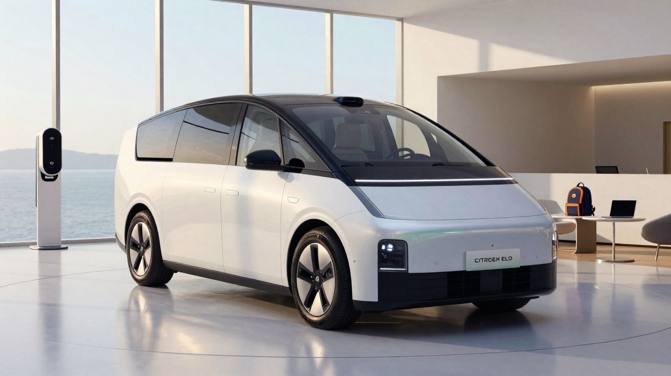 Carro elétrico branco Citroën E-Lo com design moderno exibido em ambiente interno com janela grande.