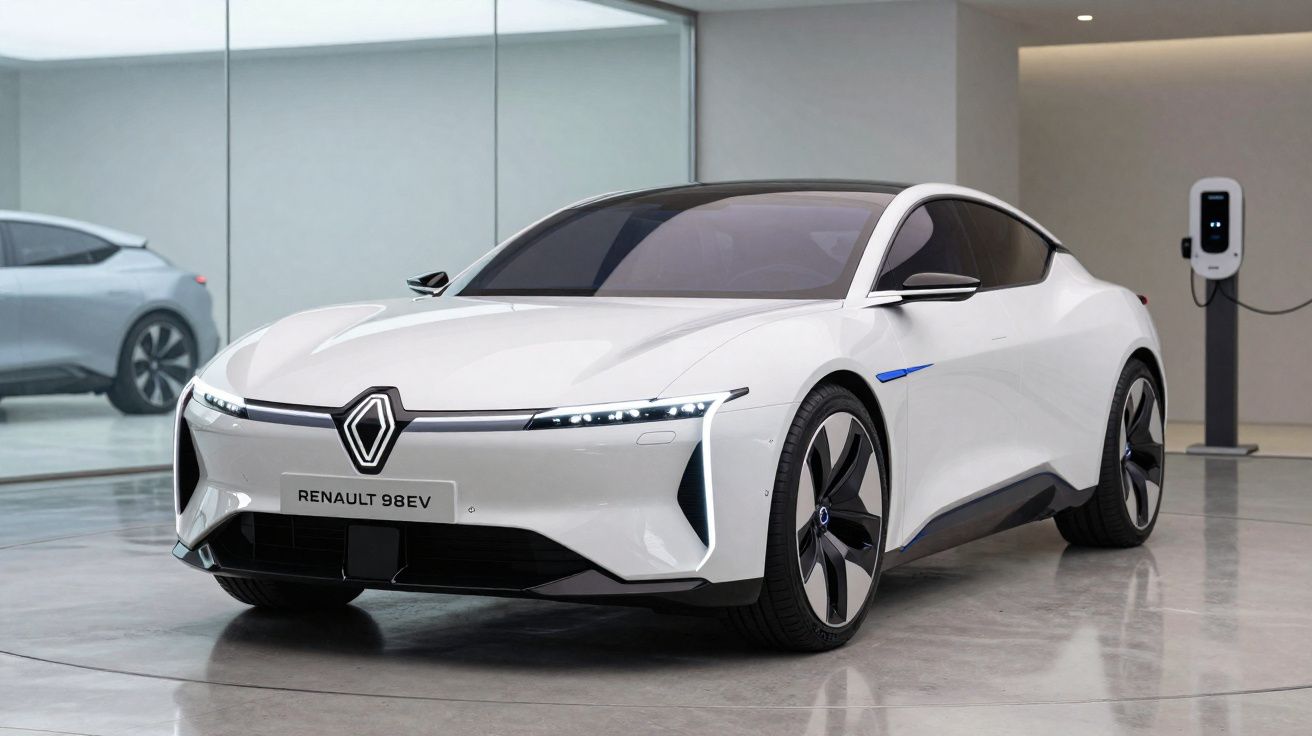 Carro elétrico branco Renault 98EV em exposição, com design futurista e estação de recarga ao fundo.