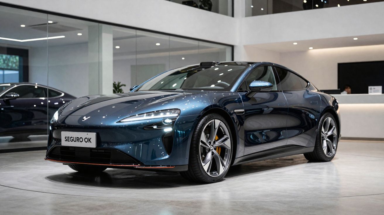 Carro esportivo azul metálico exibido em showroom moderno e iluminado, com placa escrito "SEGURO OK".
