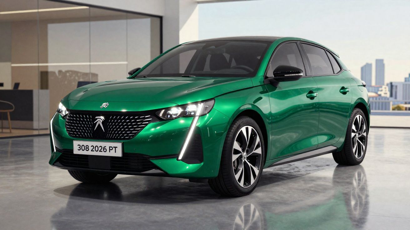 Carro verde Peugeot 308 2026 estacionado em ambiente interno moderno e iluminado.