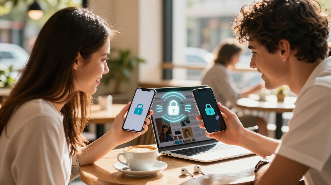 Duas pessoas mostrando celulares com ícones de cadeado, símbolo de segurança digital em café.