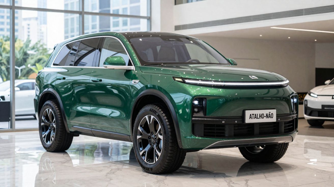 Carro SUV verde metálico exposto em showroom com acabamento moderno e rodas pretas e prateadas.
