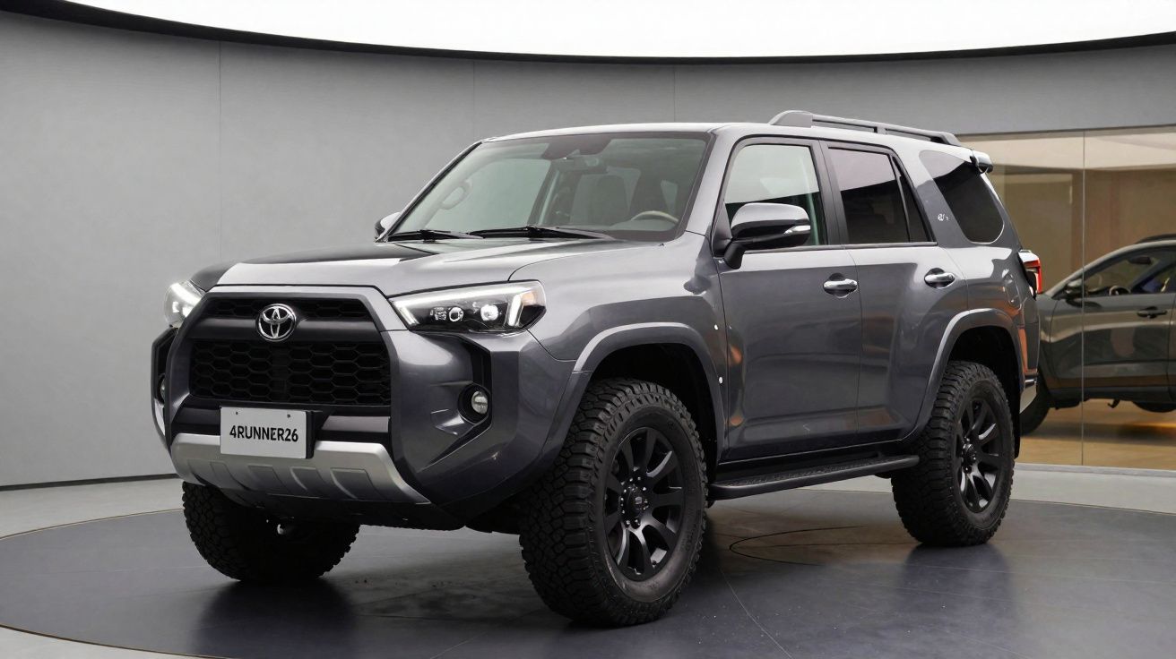 SUV Toyota 4Runner cinza estacionado em estúdio com pneus grandes e faróis acesos.