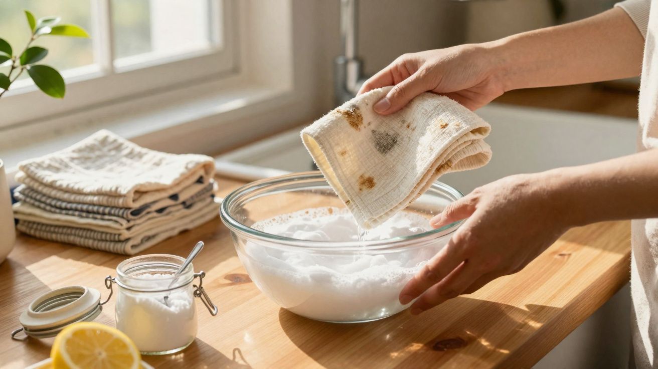 Mãos mergulhando pano sujo em tigela com água e sabão, ao lado de tábua com limão e bicarbonato.