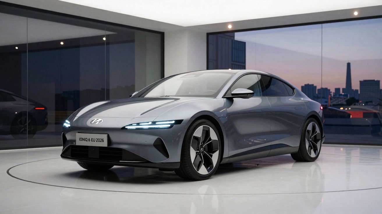Carro elétrico cinza Hyundai Ioniq 6 2026 em showroom com piso branco e janela ampla ao fundo.