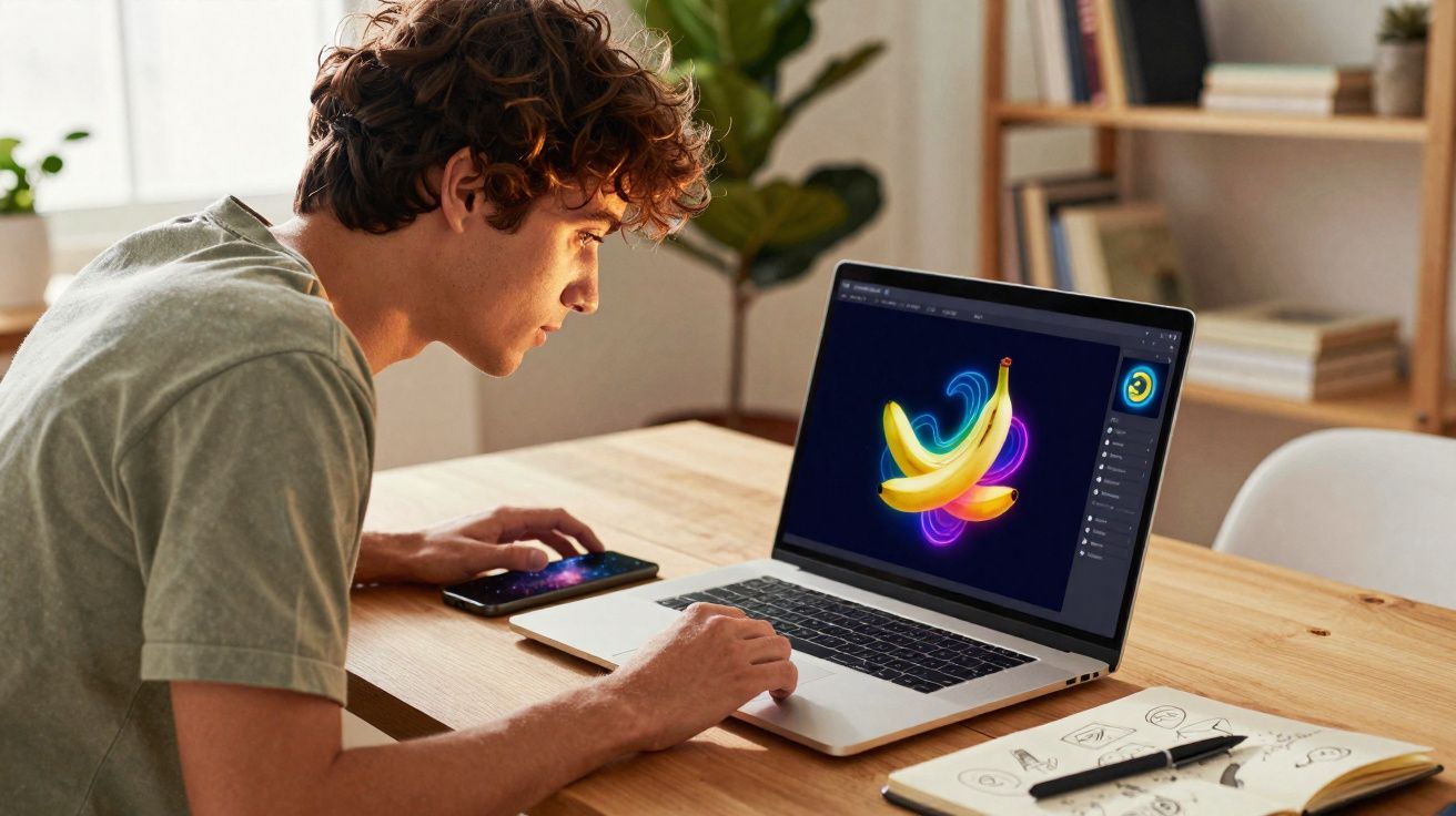 Jovem sentado à mesa editando imagem digital colorida de bananas no laptop, com caderno de desenho ao lado.