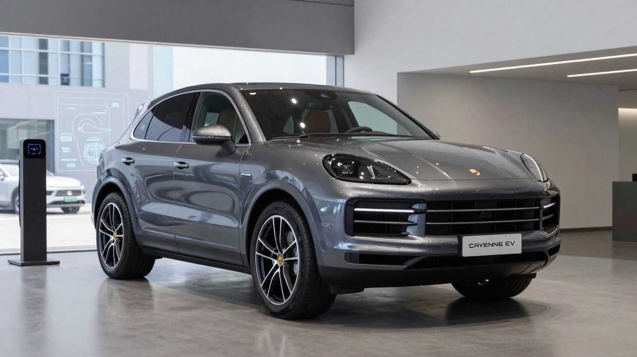 Carro elétrico Porsche Cayenne EV cinza estacionado em showroom moderno e minimalista.