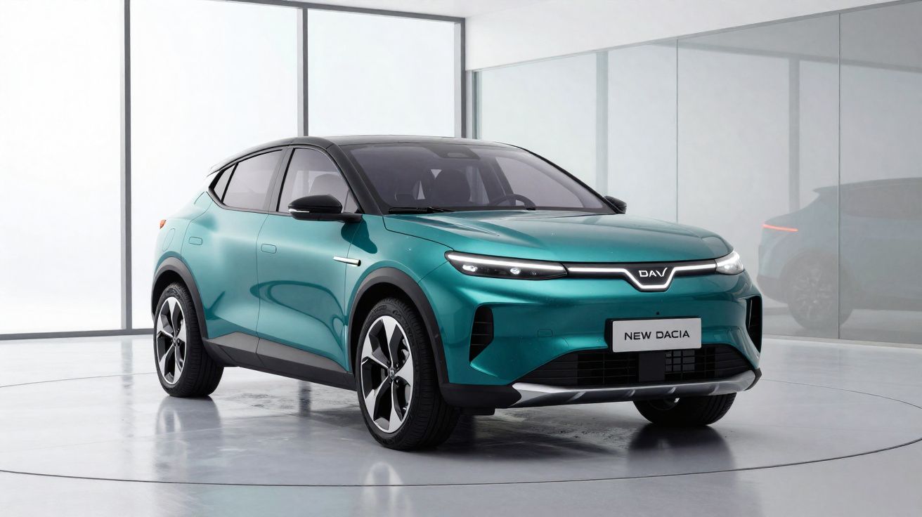 Carro elétrico New Dacia SUV verde em estúdio moderno com teto preto e rodas esportivas.