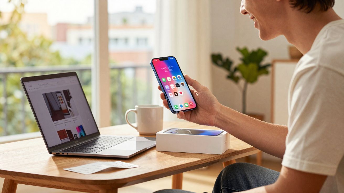 Pessoa segurando smartphone com tela colorida ao lado de laptop e xícara em mesa de madeira.