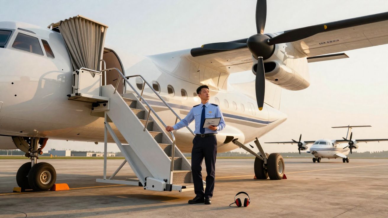 Piloto em uniforme azul ao lado de avião branco no aeroporto durante o pôr do sol.