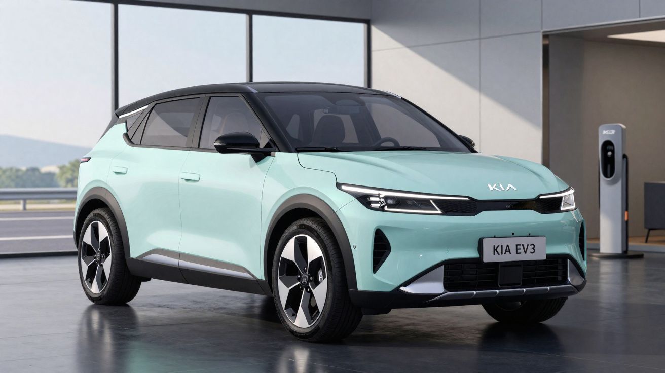 Carro elétrico Kia EV3 verde água com teto preto, estacionado em ambiente interno moderno.