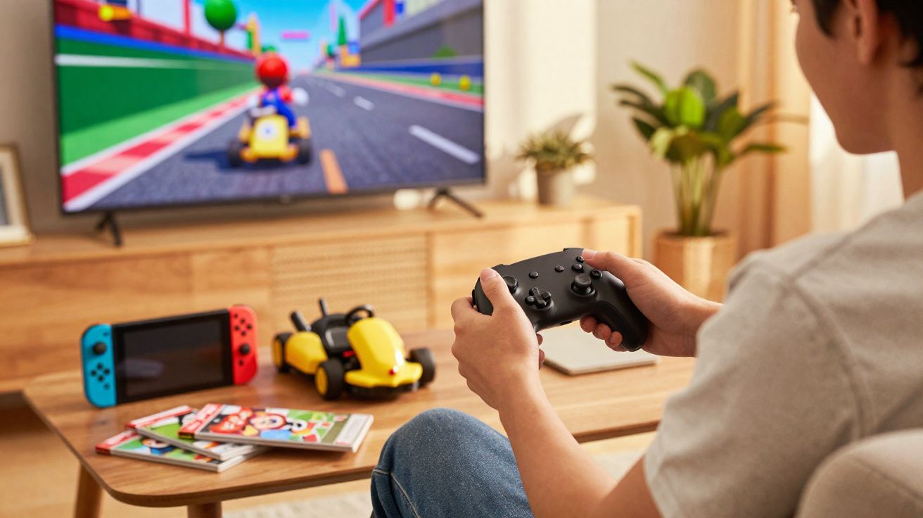 Pessoa jogando videogame de corrida na TV com controle nas mãos e console Nintendo Switch na mesa.