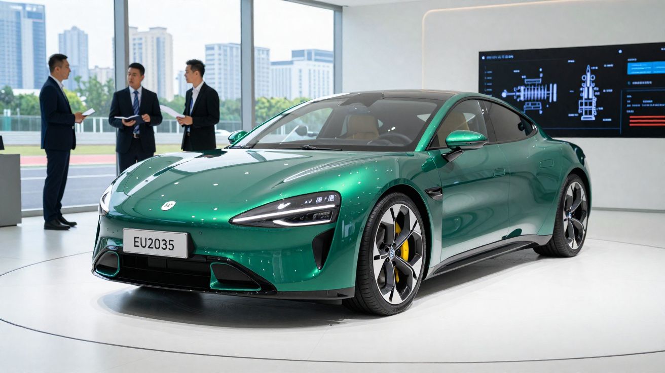 Carro esportivo elétrico verde em exposição com três homens conversando ao fundo em ambiente moderno.