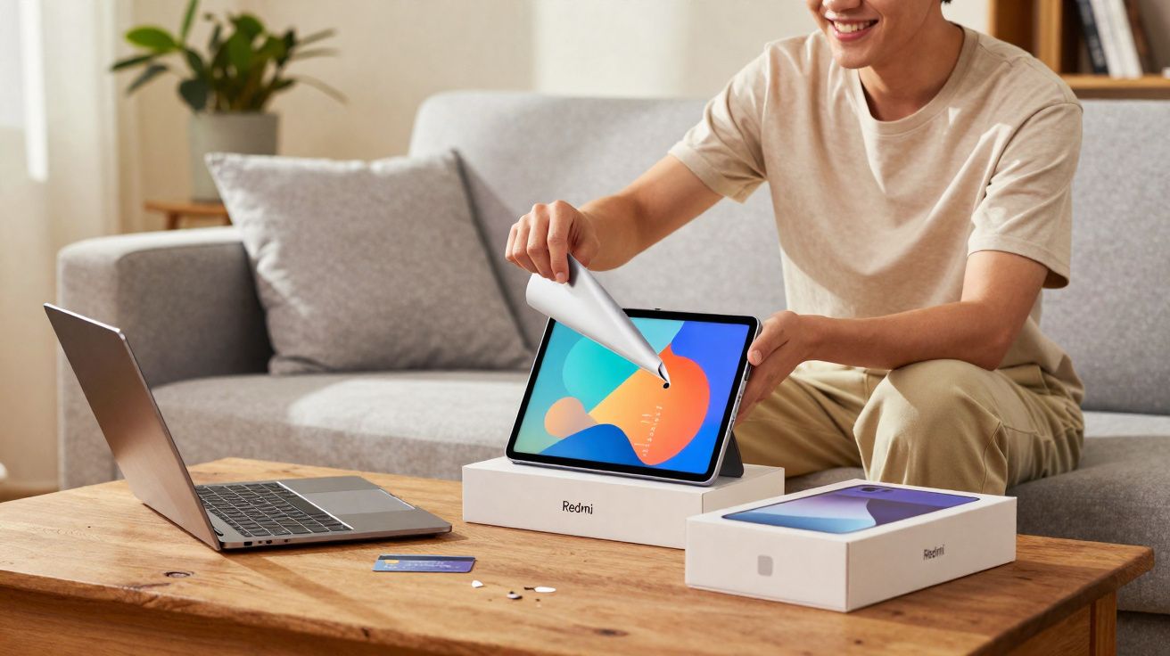 Pessoa desembrulhando um tablet Redmi em uma sala com sofá, mesa de madeira e laptop aberto.