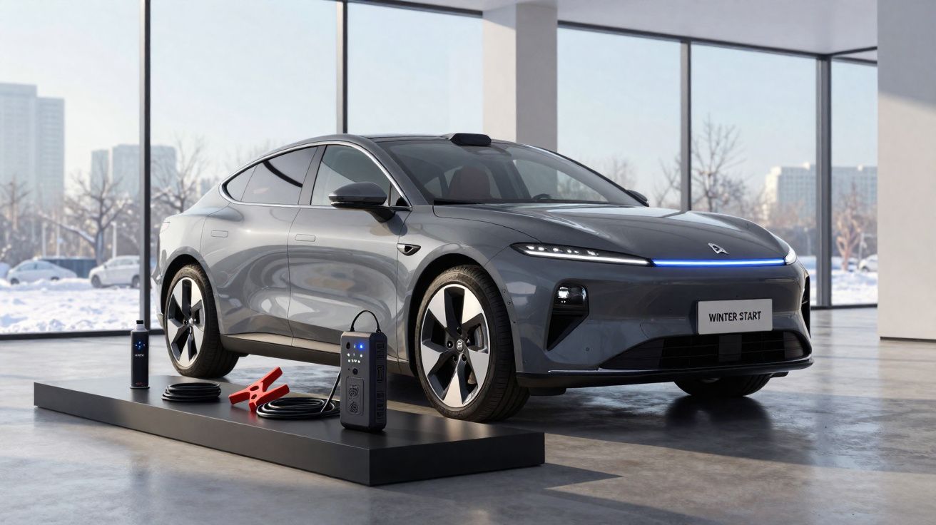 Carro elétrico cinza estacionado em ambiente interno com neve visível do lado de fora, acompanhado de carregadores.