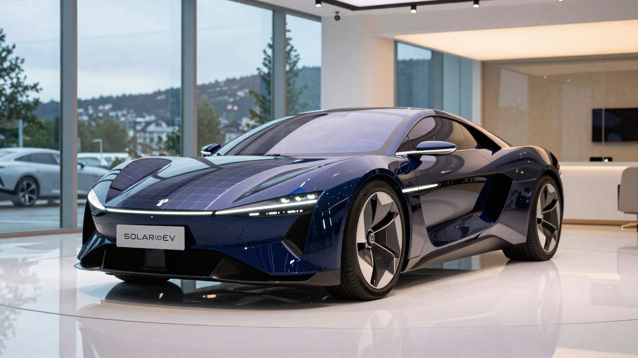 Carro esportivo azul escuro com painéis solares no capô, exibido em showroom moderno com janelas de vidro.