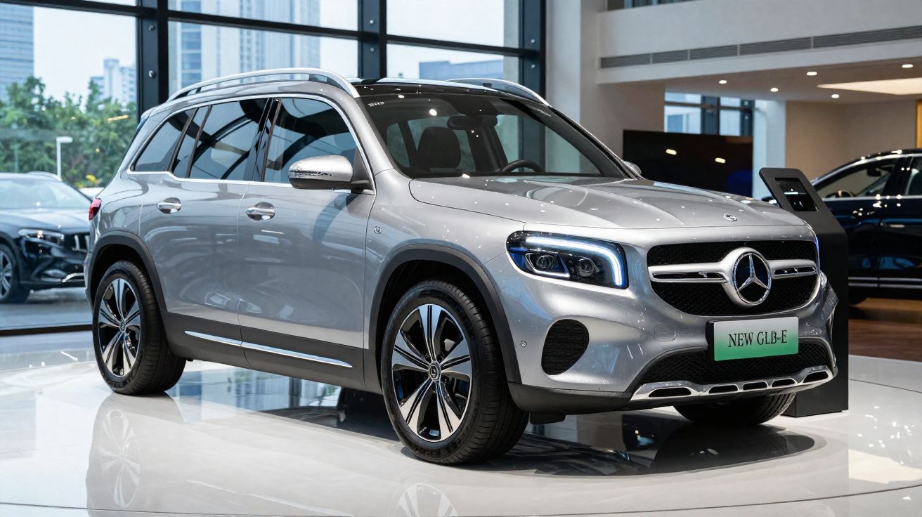 Carro SUV Mercedes-Benz prata exibido em showroom moderno com vidro e reflexos no piso.