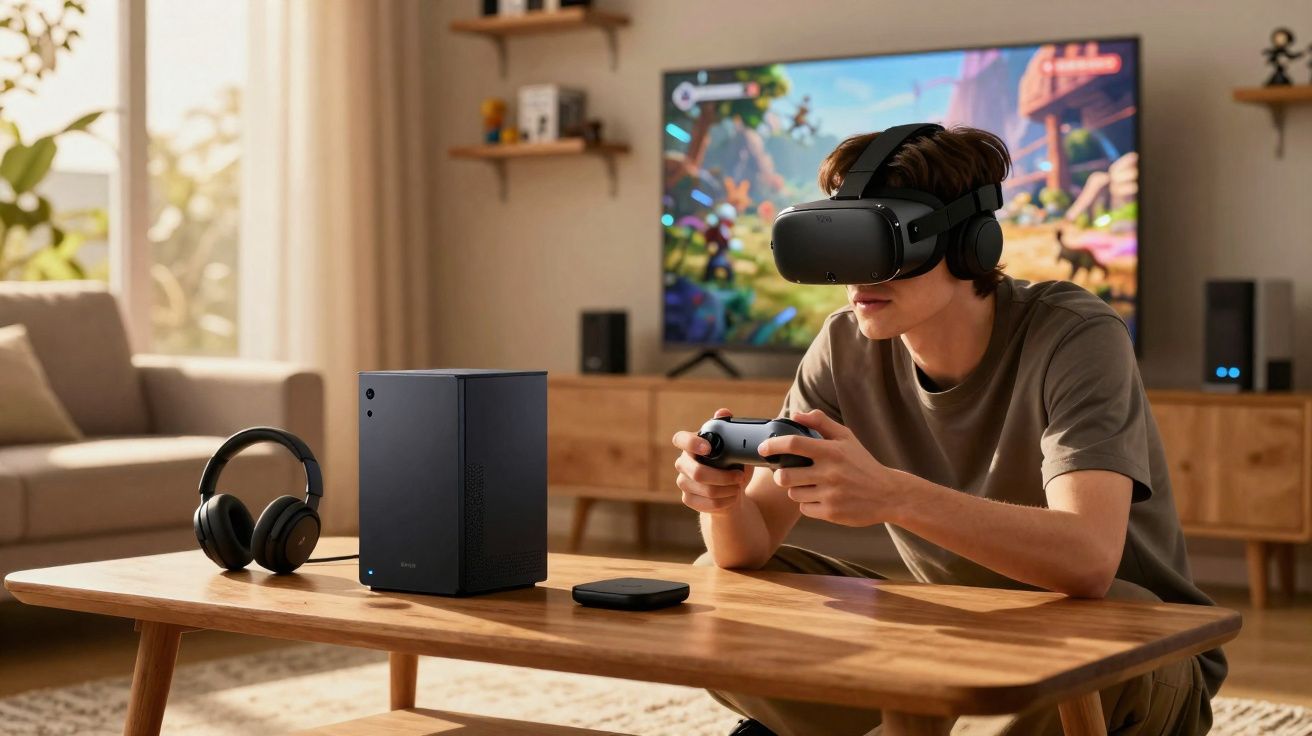 Jovem usando óculos de realidade virtual e controle, sentado à mesa com headset e TV ao fundo exibindo jogo.