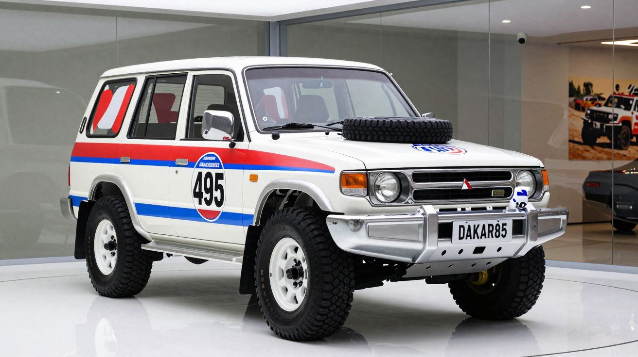 Carro branco de rali Mitsubishi Pajero Dakar 1985 com adesivos vermelhos e azuis e pneu reserva no capô.