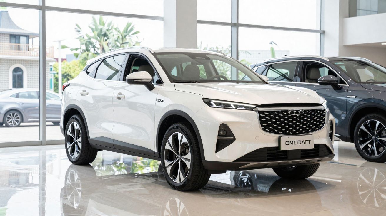 SUV branco modelo Omodatt exibido em concessionária com piso espelhado e carros ao fundo