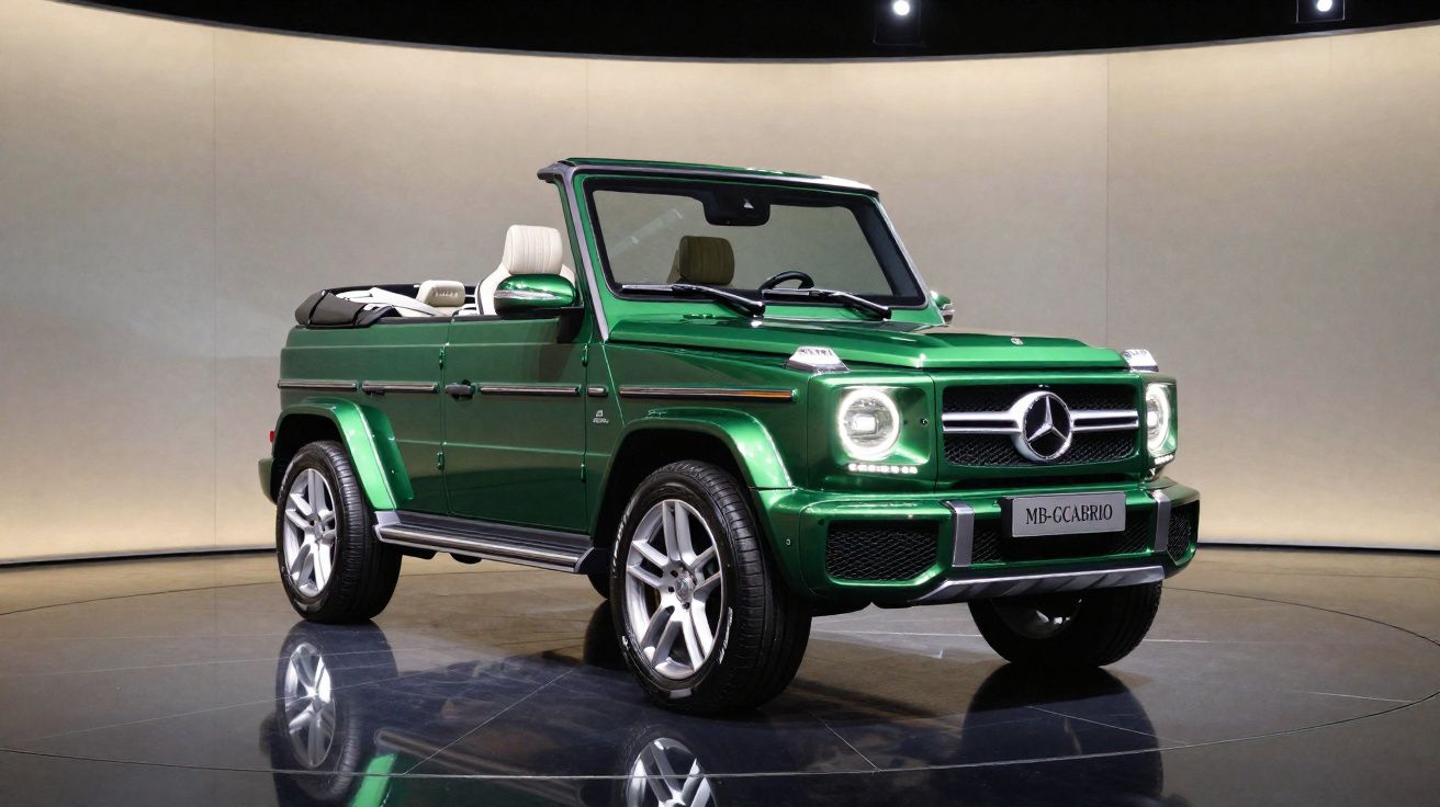 Carro conversível verde Mercedes-Benz G-Class exposto em ambiente interno iluminado.