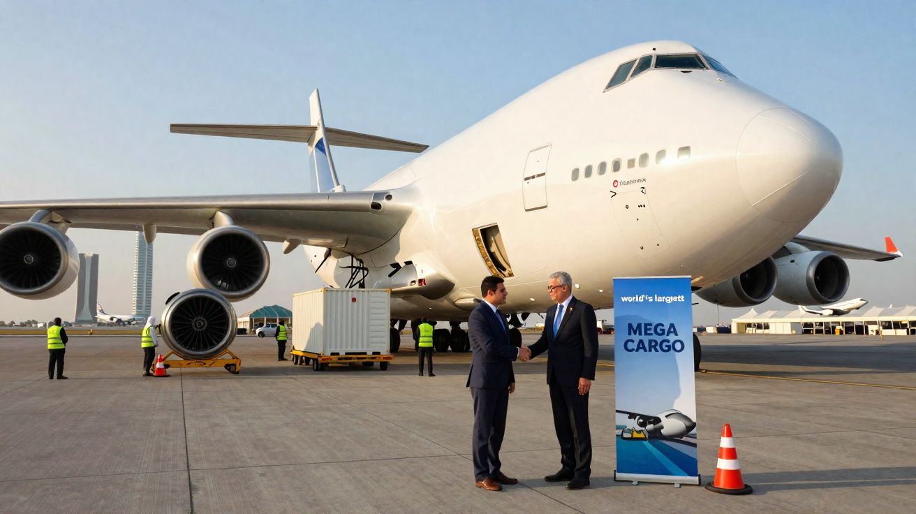 Dois homens se cumprimentam em frente a um grande avião cargueiro no aeroporto.
