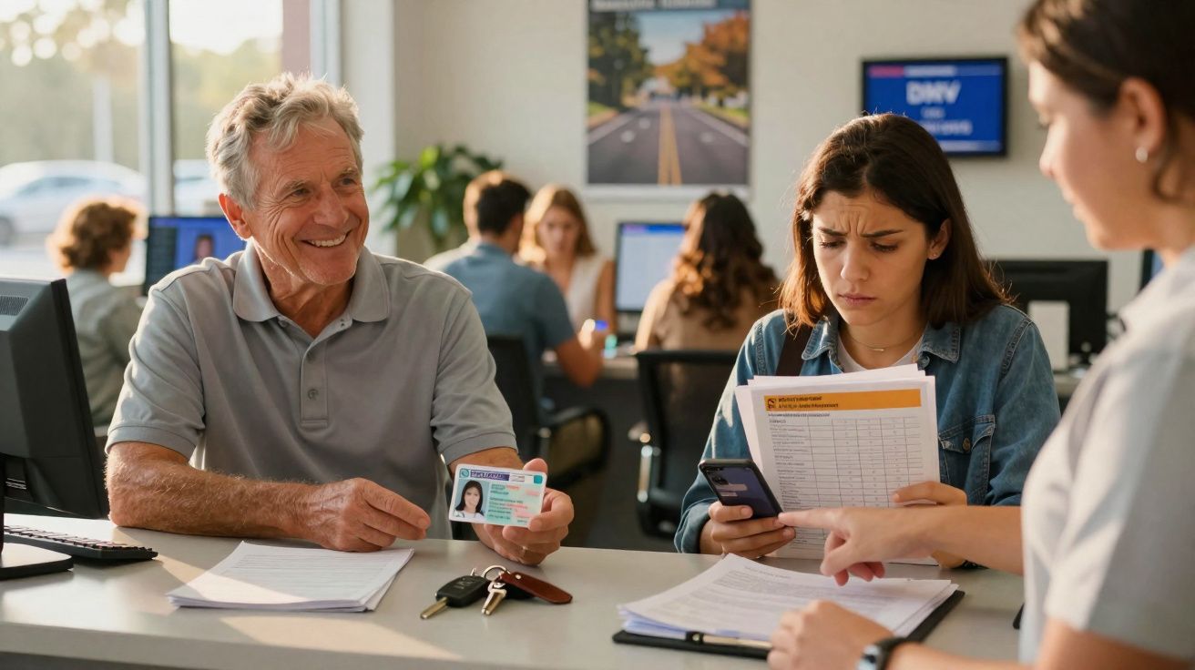 Homem entrega carteira de identidade para funcionária enquanto mulher confusa consulta documentos em agência pública.