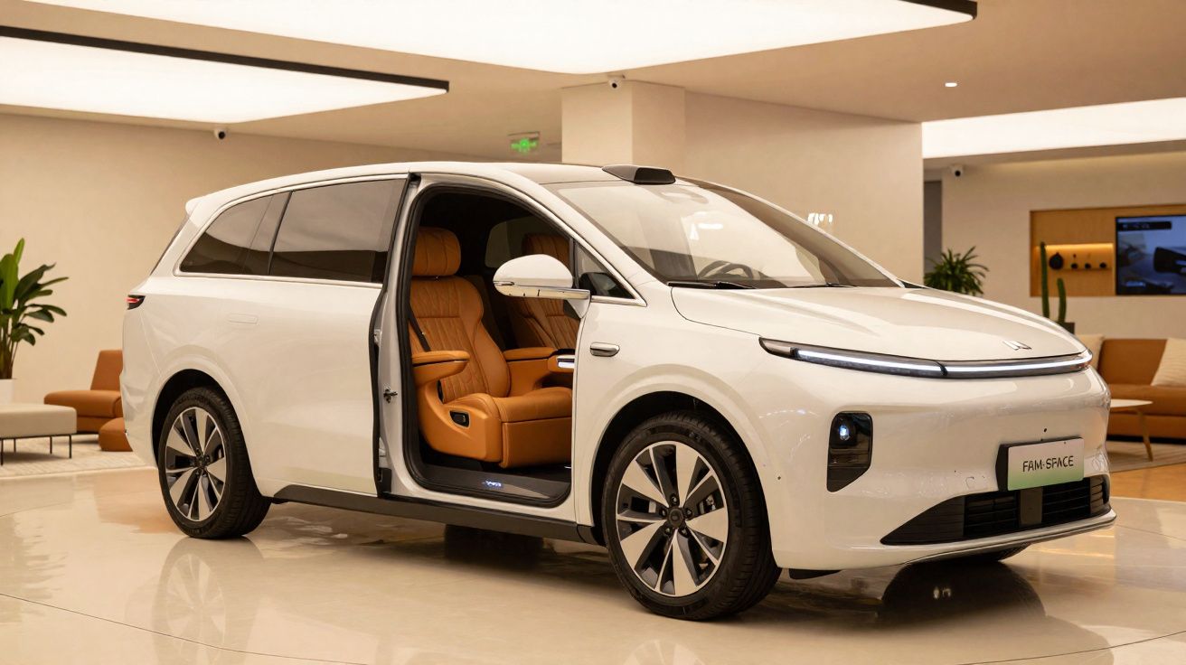 Carro elétrico branco com porta lateral aberta mostrando bancos de couro marrom em ambiente interno moderno.