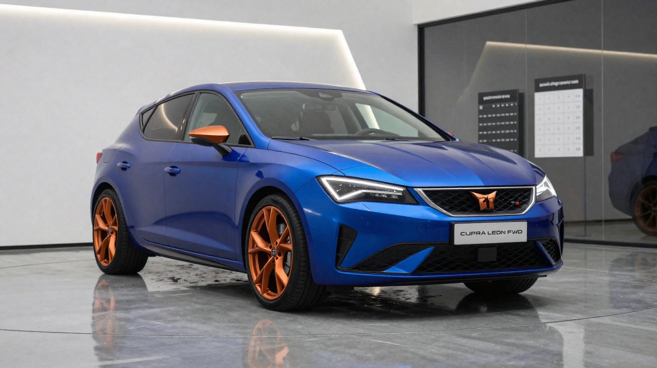 Carro esportivo hatchback azul com rodas e retrovisores laranja em ambiente interno moderno.