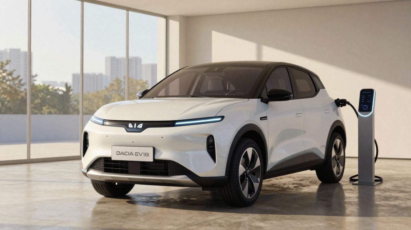Carro elétrico branco modelo Dacia EV 1B carregando em estação interna com janelas grandes ao fundo.
