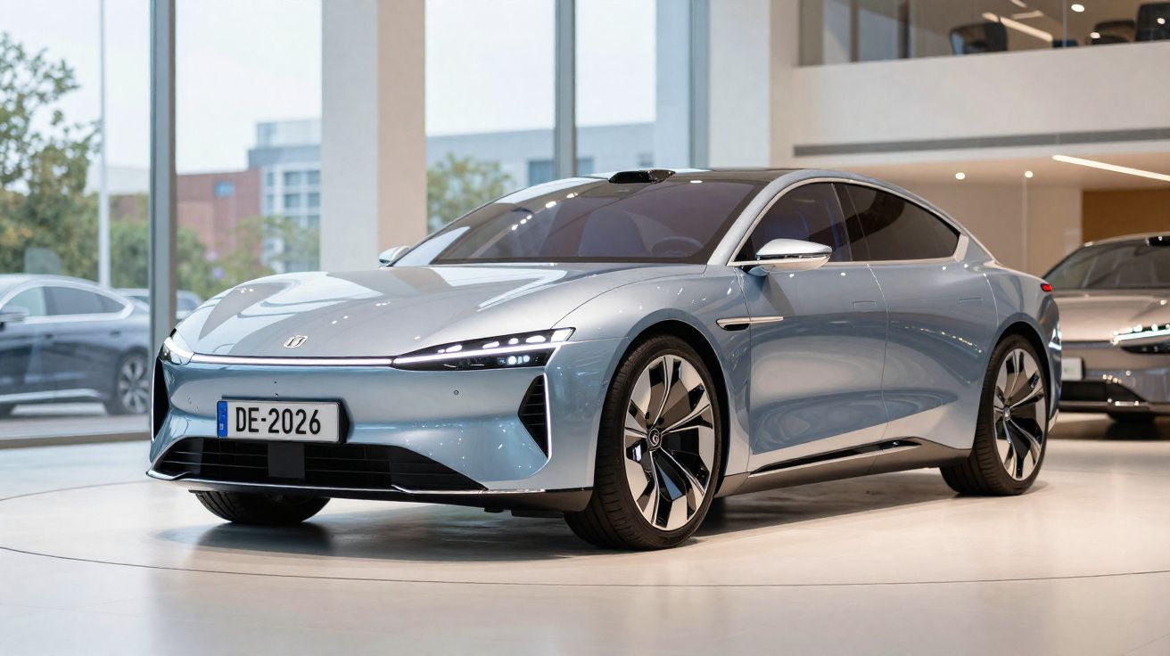 Carro elétrico esportivo cinza exibido em showroom moderno com janelas amplas e piso branco.