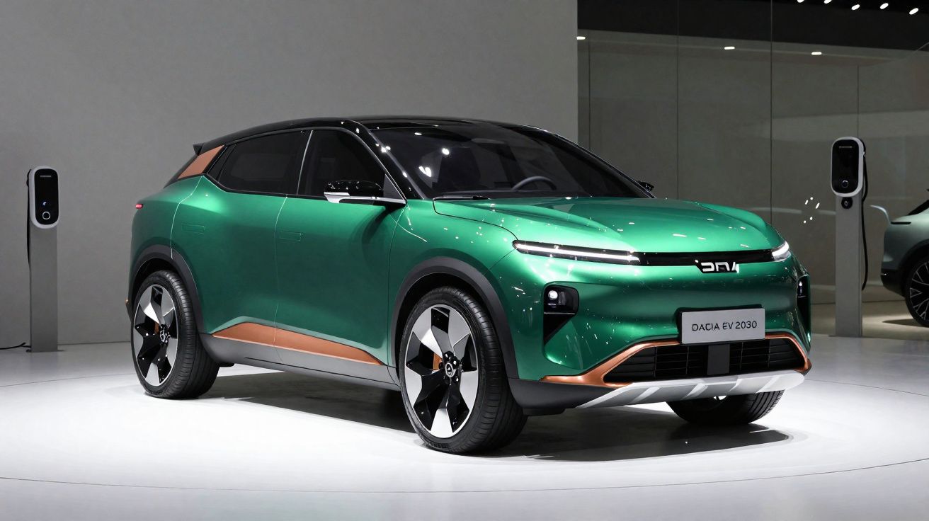 Carro elétrico Dacia EV 2030 verde e preto exibido em exposição com estação de recarga ao fundo.
