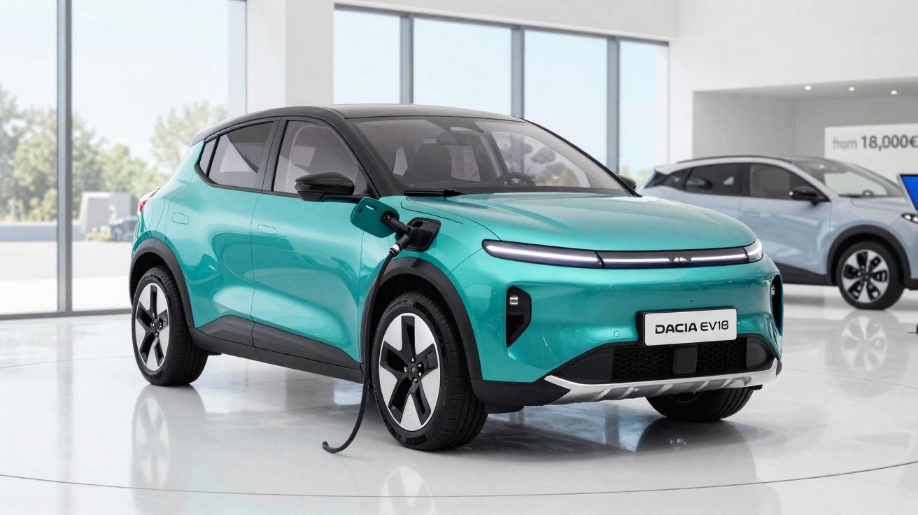 Carro elétrico Dacia EV1S azul turquesa sendo carregado em showroom com grande janela ao fundo.