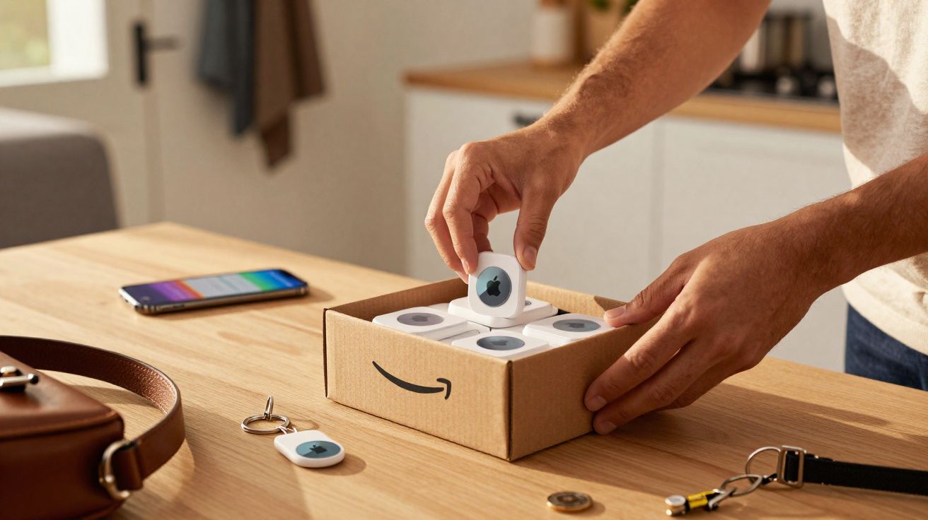 Mãos de homem retirando um dispositivo Apple AirTag de caixa Amazon sobre mesa de madeira.