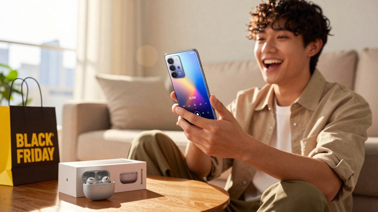 Jovem feliz segurando smartphone em sala com fones de ouvido e sacola Black Friday na mesa.