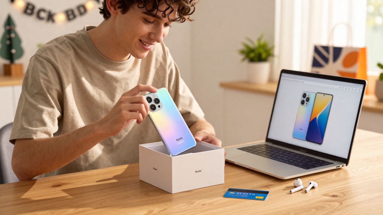 Jovem sorridente retirando um smartphone Redmi da caixa com notebook, cartão e fones na mesa.