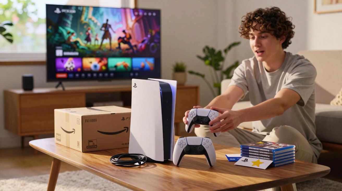 Jovem sentado prepara controles do PlayStation 5 em sala com TV ligada e caixas na mesa de centro.