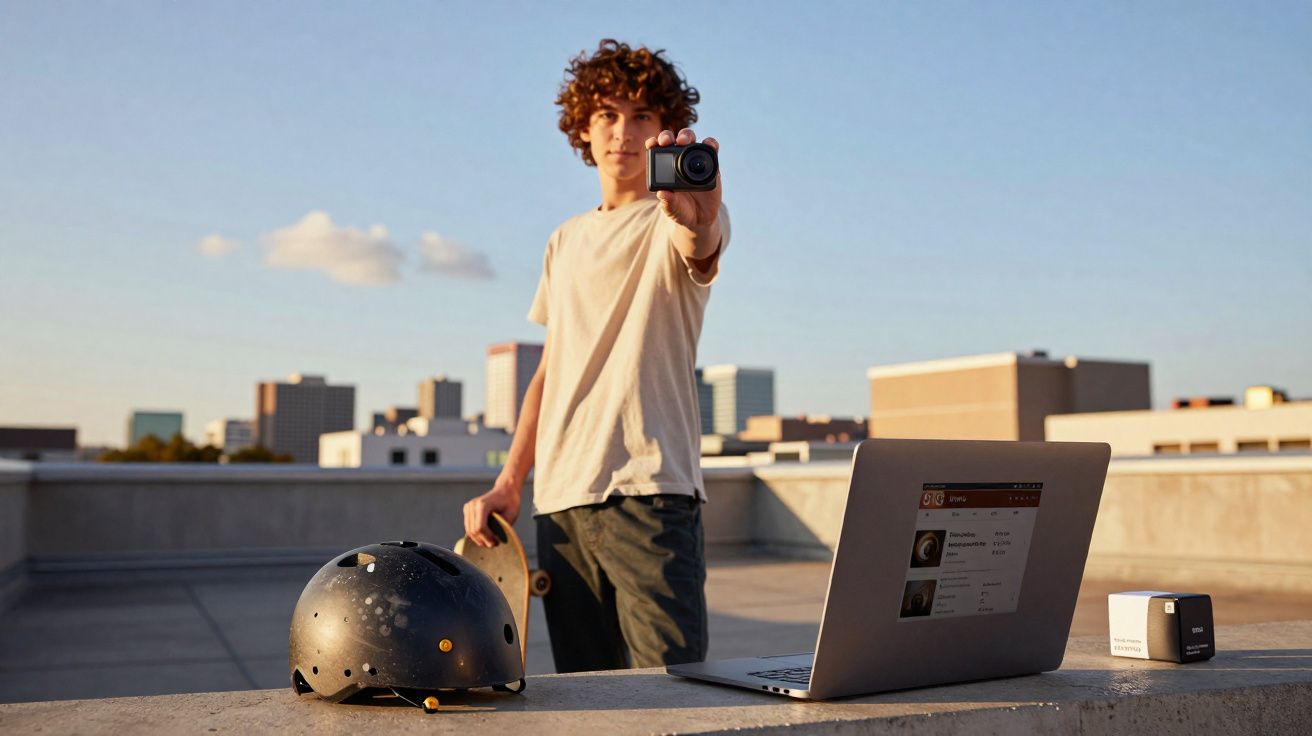 Jovem com camiseta clara segurando uma câmera, apoiado em skate, com capacete e laptop em um terraço urbano.