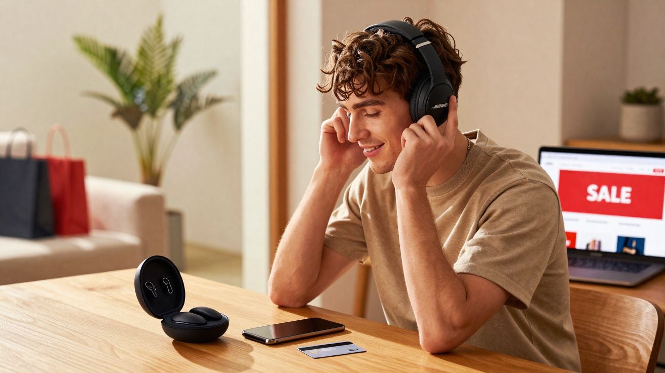 Homem com fones de ouvido ouvindo música, com fone sem fio, celular e cartão sobre mesa.