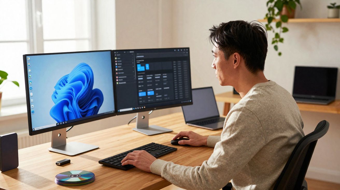 Homem trabalhando em mesa com dois monitores e notebook em ambiente de escritório com luz natural.