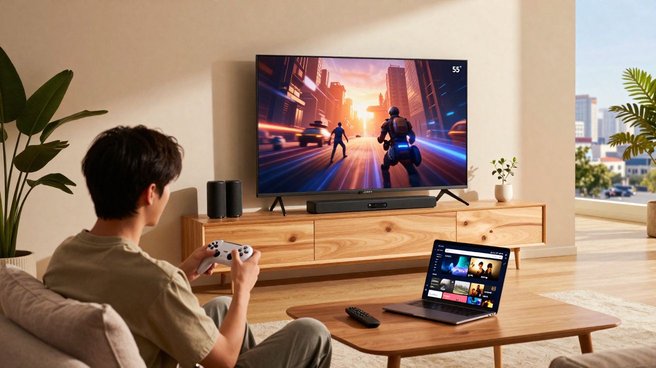 Jovem jogando videogame em sala de estar moderna com TV grande, laptop e móveis de madeira clara.