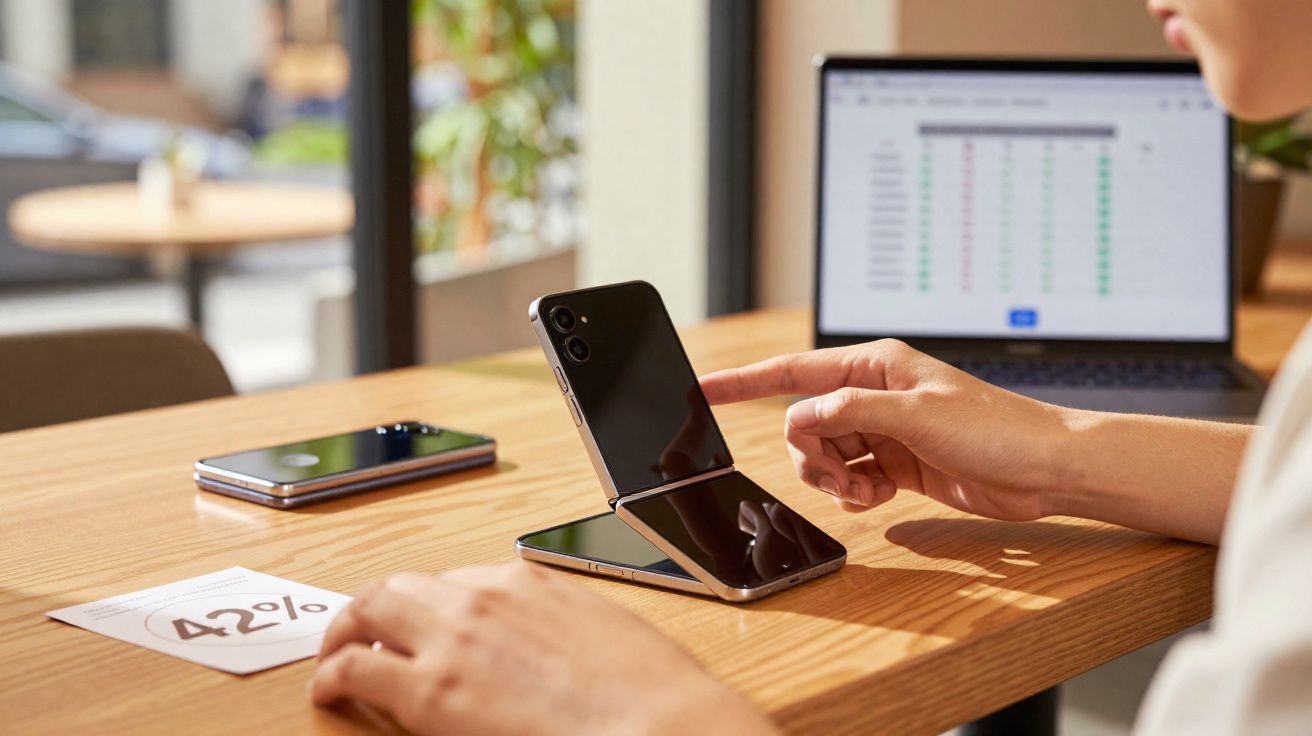 Pessoa interagindo com smartphone dobrável em mesa com laptop e papel com gráfico de 42%.