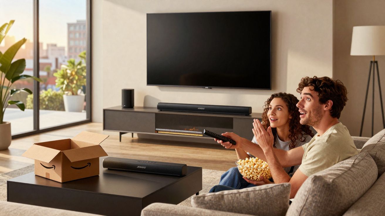 Casal sentado no sofá de sala moderna assistindo TV com pipoca e caixa da Amazon na mesa.