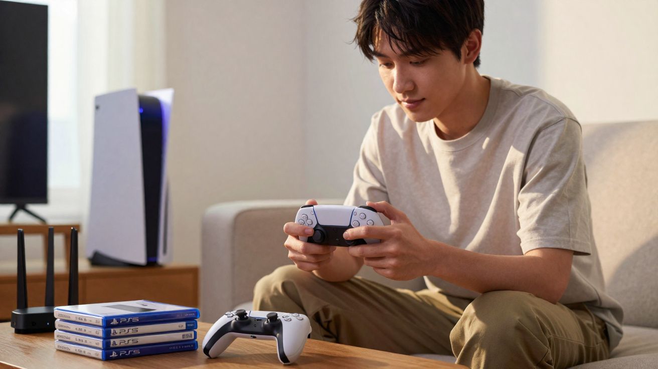 Homem sentado no sofá jogando videogame com controle branco, console e jogos ao lado na mesa.