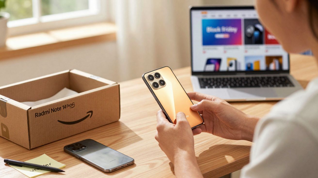 Pessoa mexendo em smartphone dourado com caixa e laptop em mesa de madeira clara em ambiente iluminado.