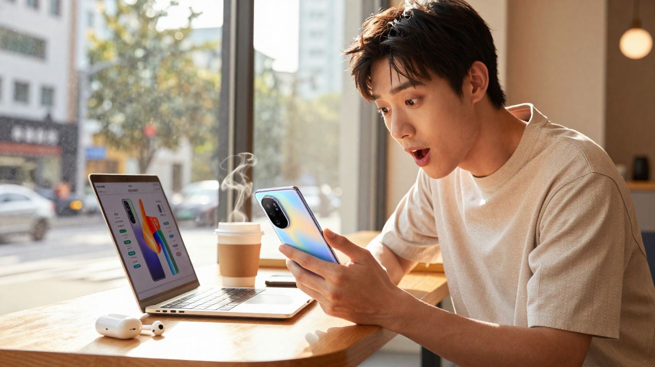 Homem surpreso olhando para smartphone enquanto está em mesa com notebook e café em ambiente com luz natural.