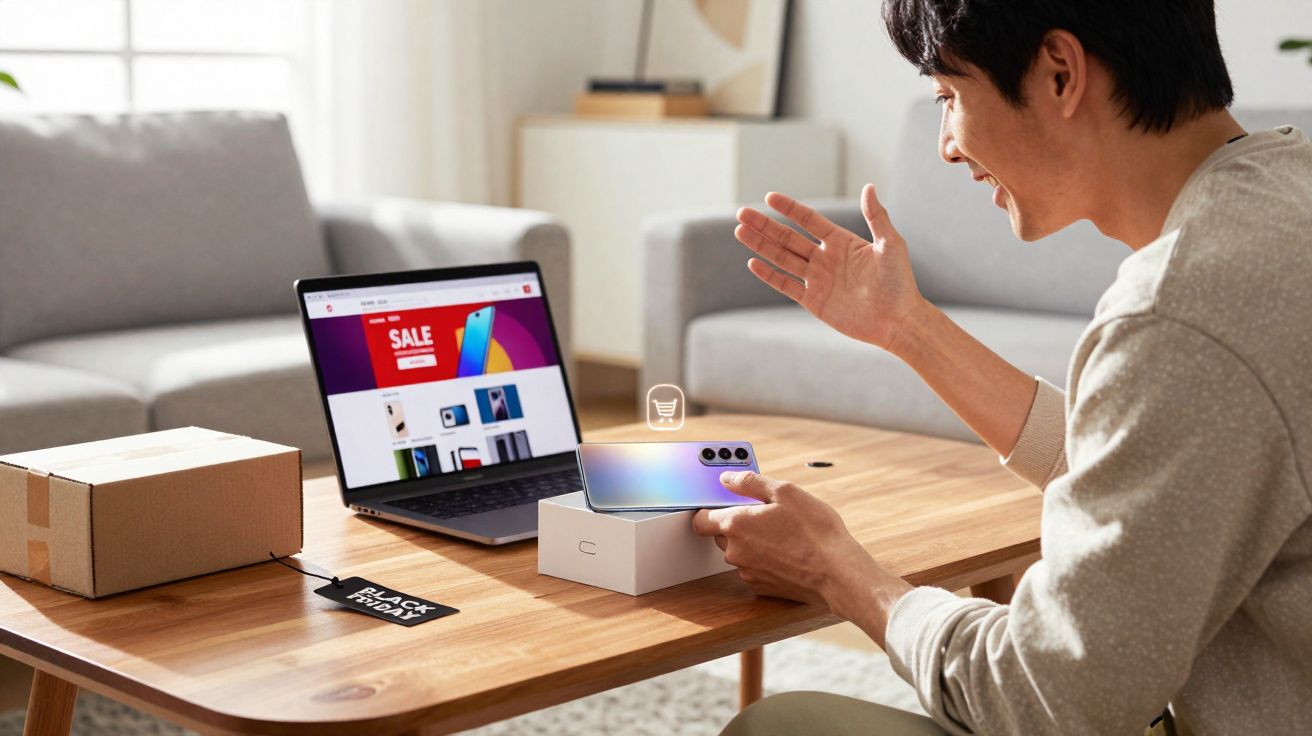 Homem sentado à mesa segurando smartphone novo, com laptop mostrando site de venda e caixa aberta.